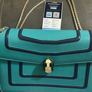 Bulgari Teal Leather Shoulder Bag with Navy Trim and Gold Serpent Clasp